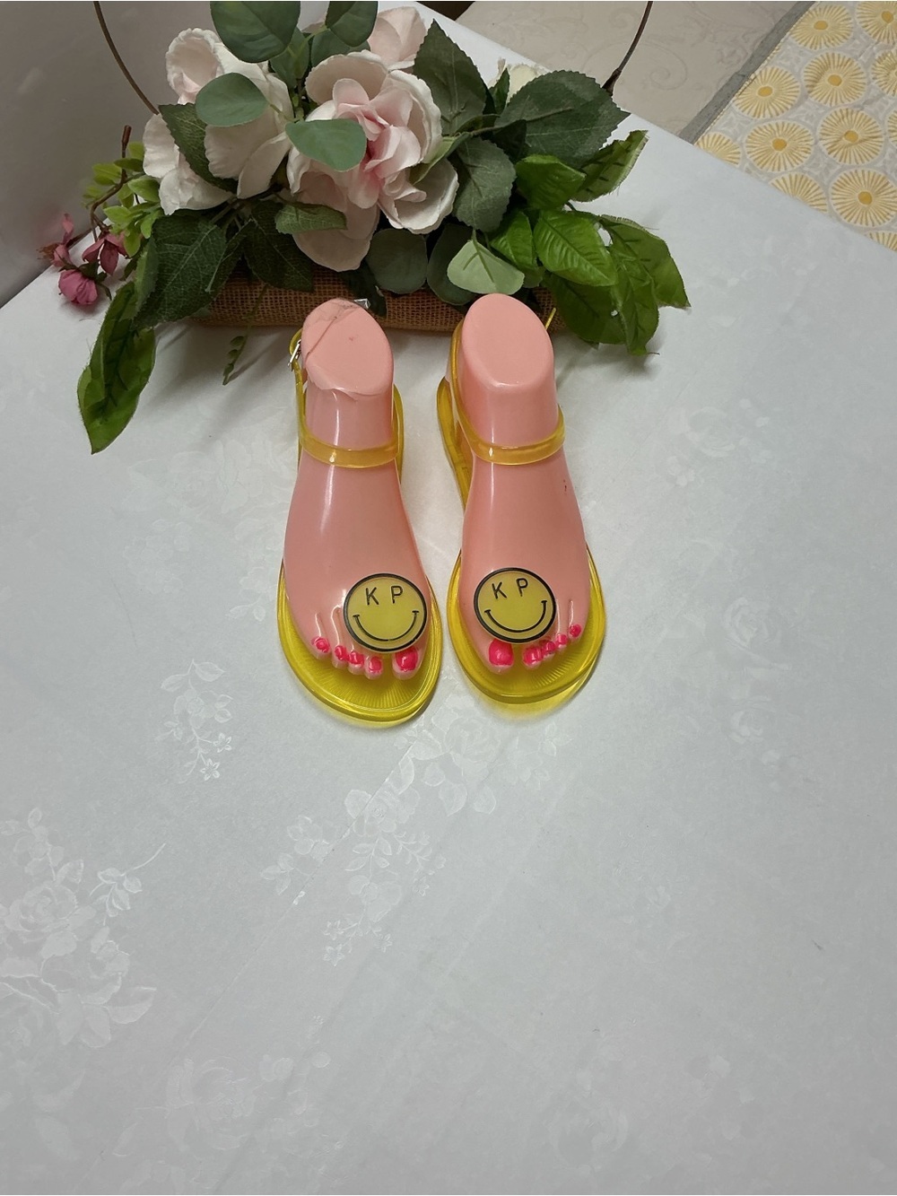 Pink and Yellow Smiley Toe-Post Jelly Sandals
